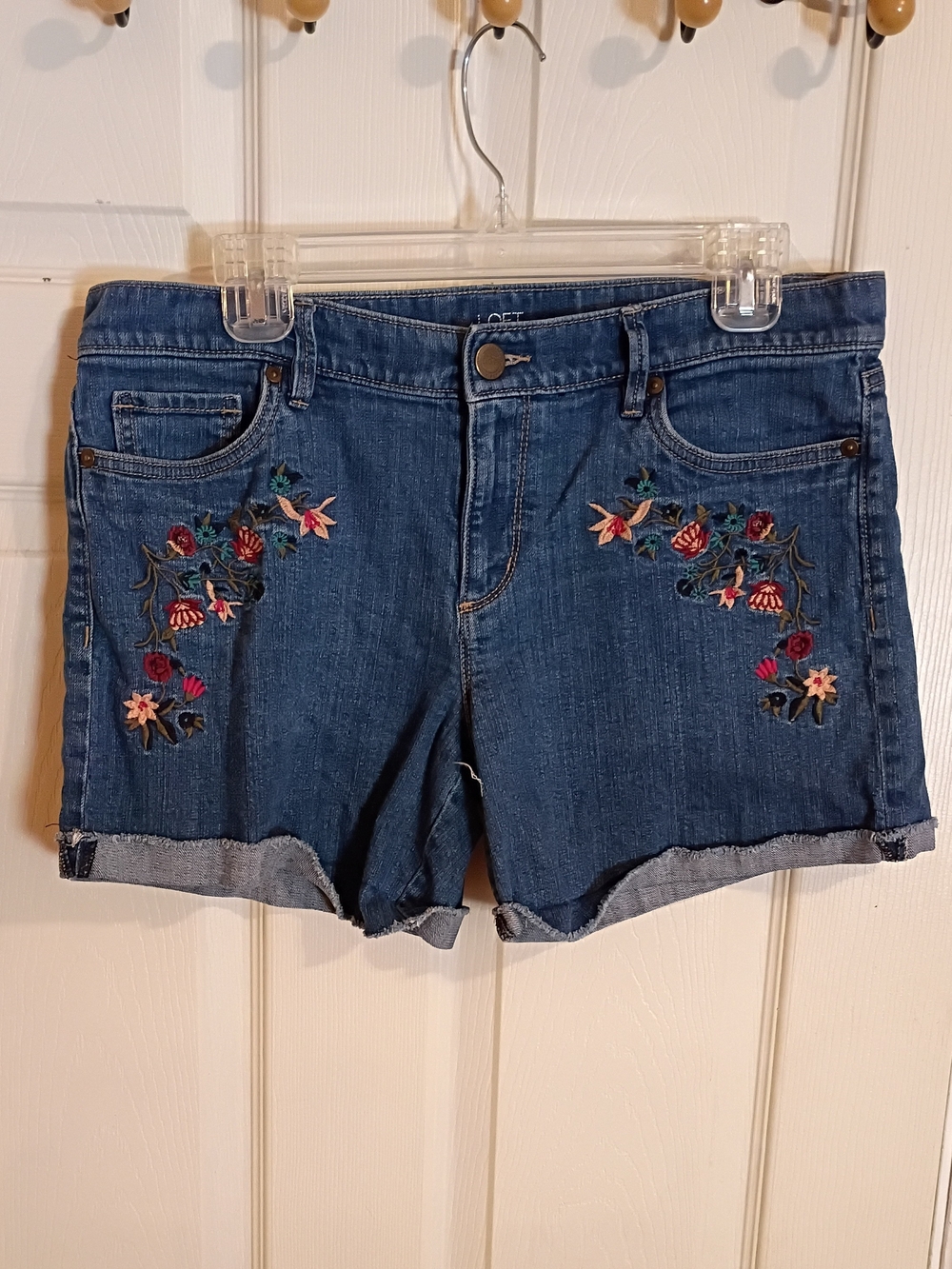 LOF Blue Denim Shorts with Multicolor Floral Embroidery